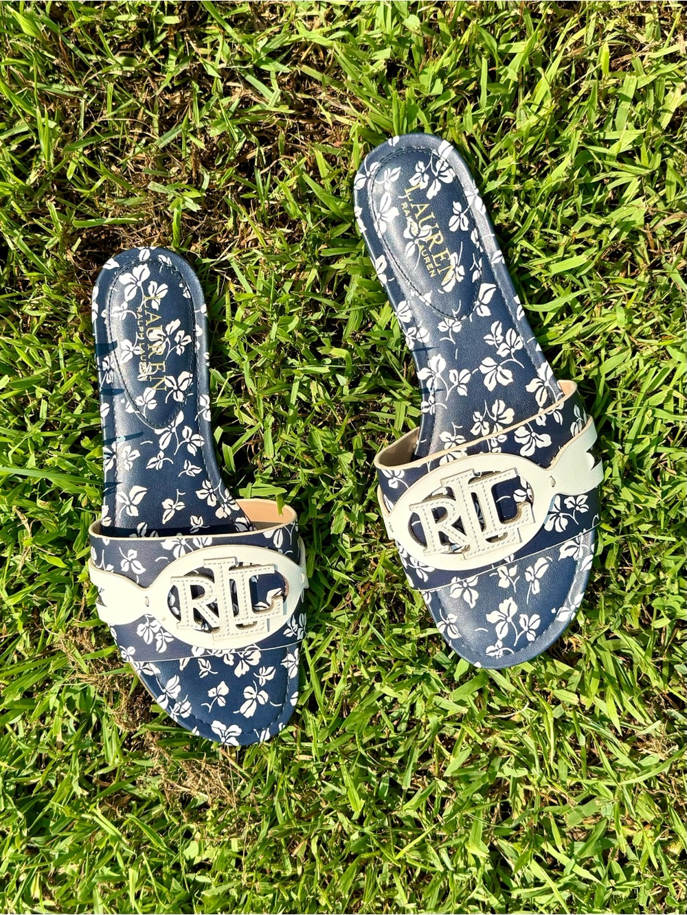 Lauren Ralph Lauren Navy Floral Slide Sandals with White Logo